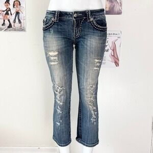 Miss Me Distressed Embellished Capri Jeans Blue Denim Size 28 Y2K